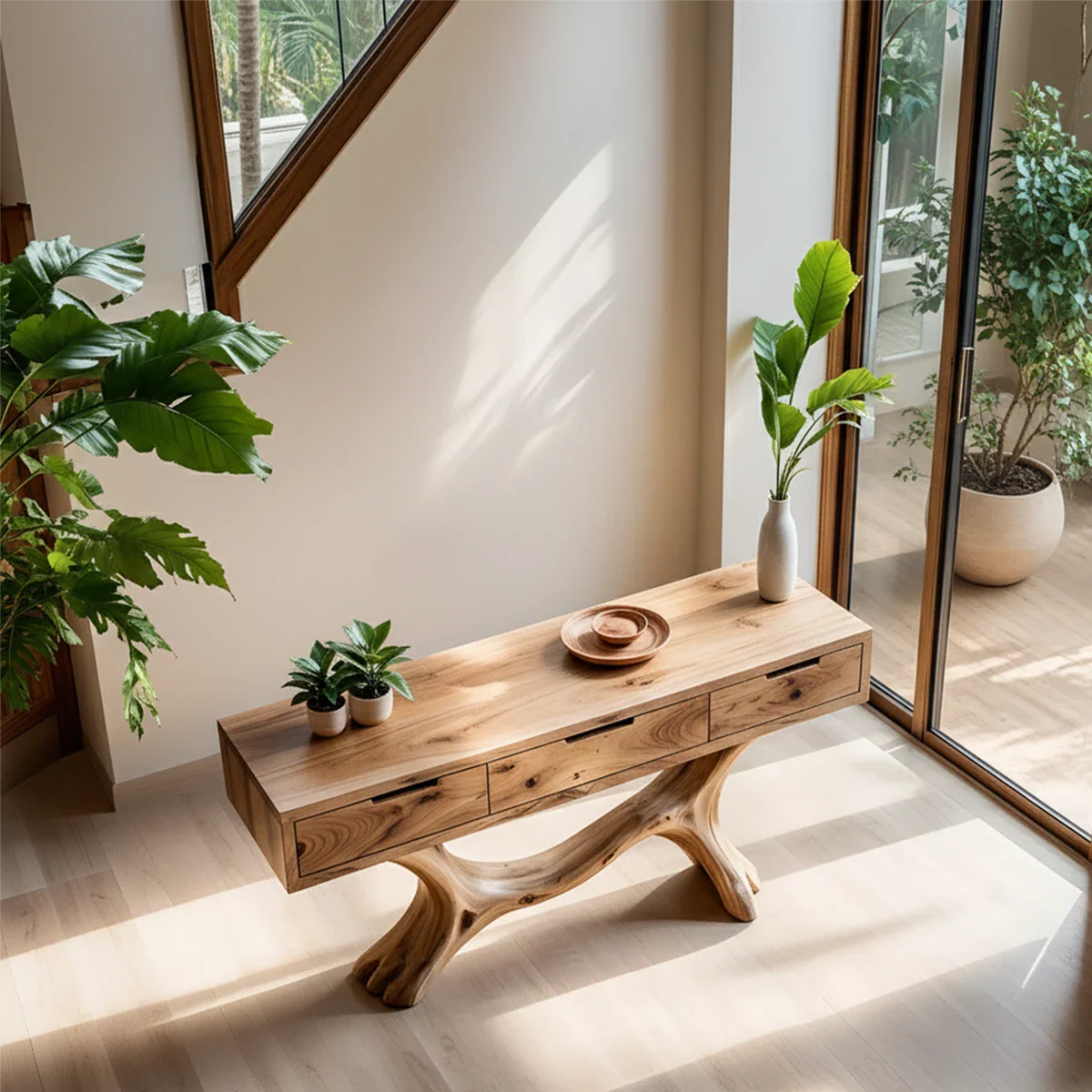 Solid Wood Console Table with Branch-Sculpted Base & Three Drawers - Rustira