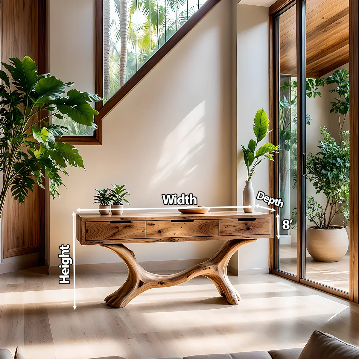 Solid Wood Console Table with Branch-Sculpted Base & Three Drawers - Rustira