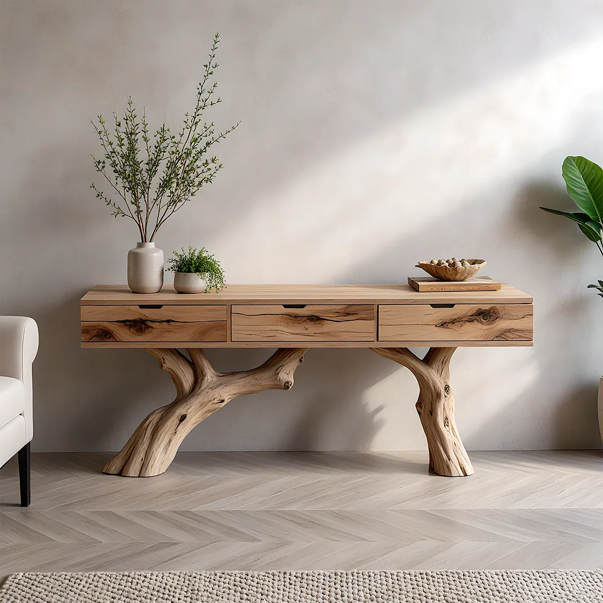 Solid Wood Console Table with Branch-Style Base & Hidden Pull Drawers - Rustira