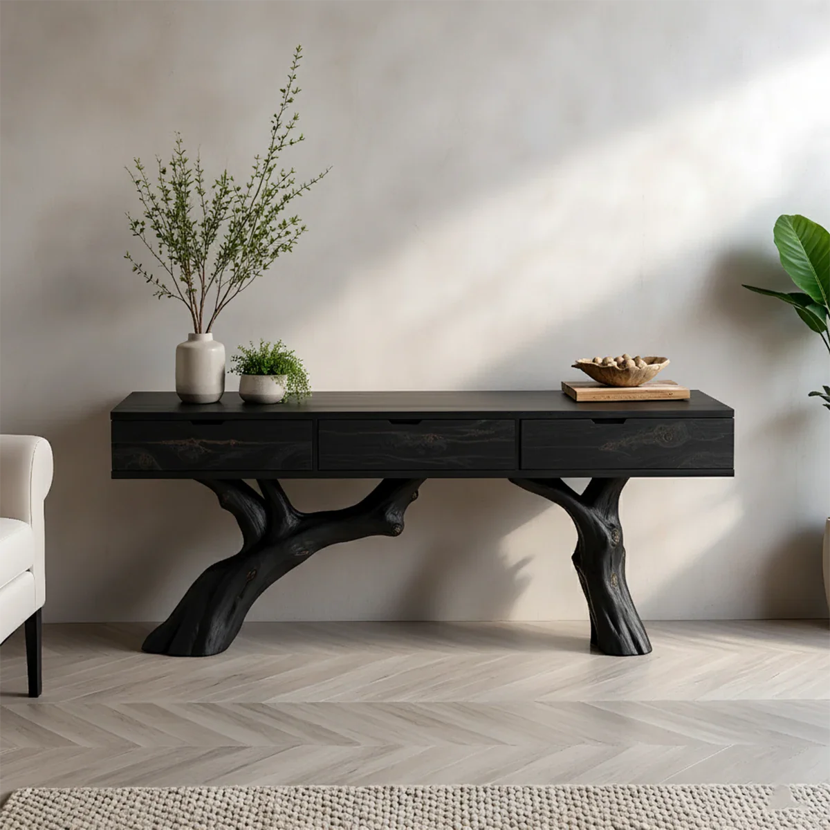 Solid Wood Console Table with Branch-Style Base & Hidden Pull Drawers - Rustira