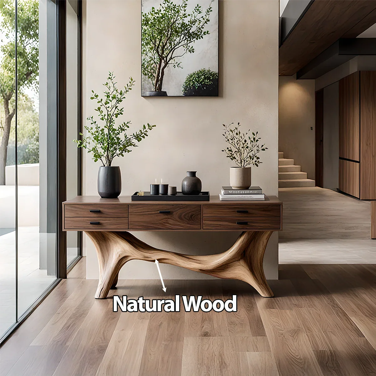 Solid Wood Console Table with Curved Branch Base & Drawers - Rustira