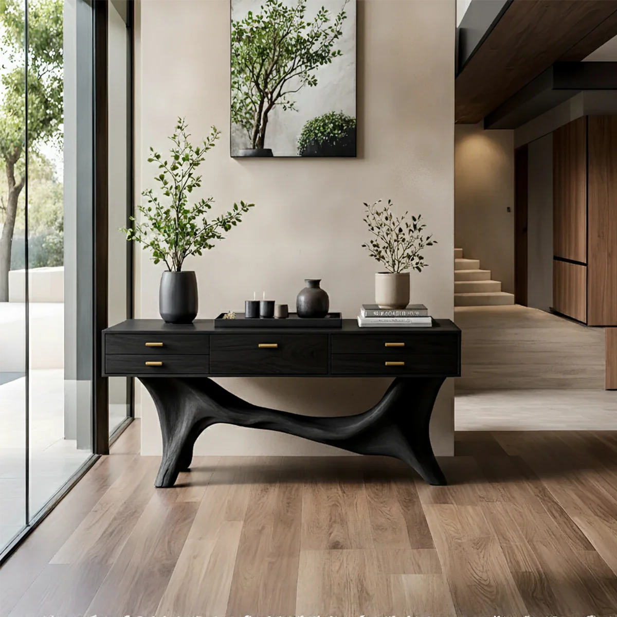 Solid Wood Console Table with Curved Branch Base & Drawers - Rustira