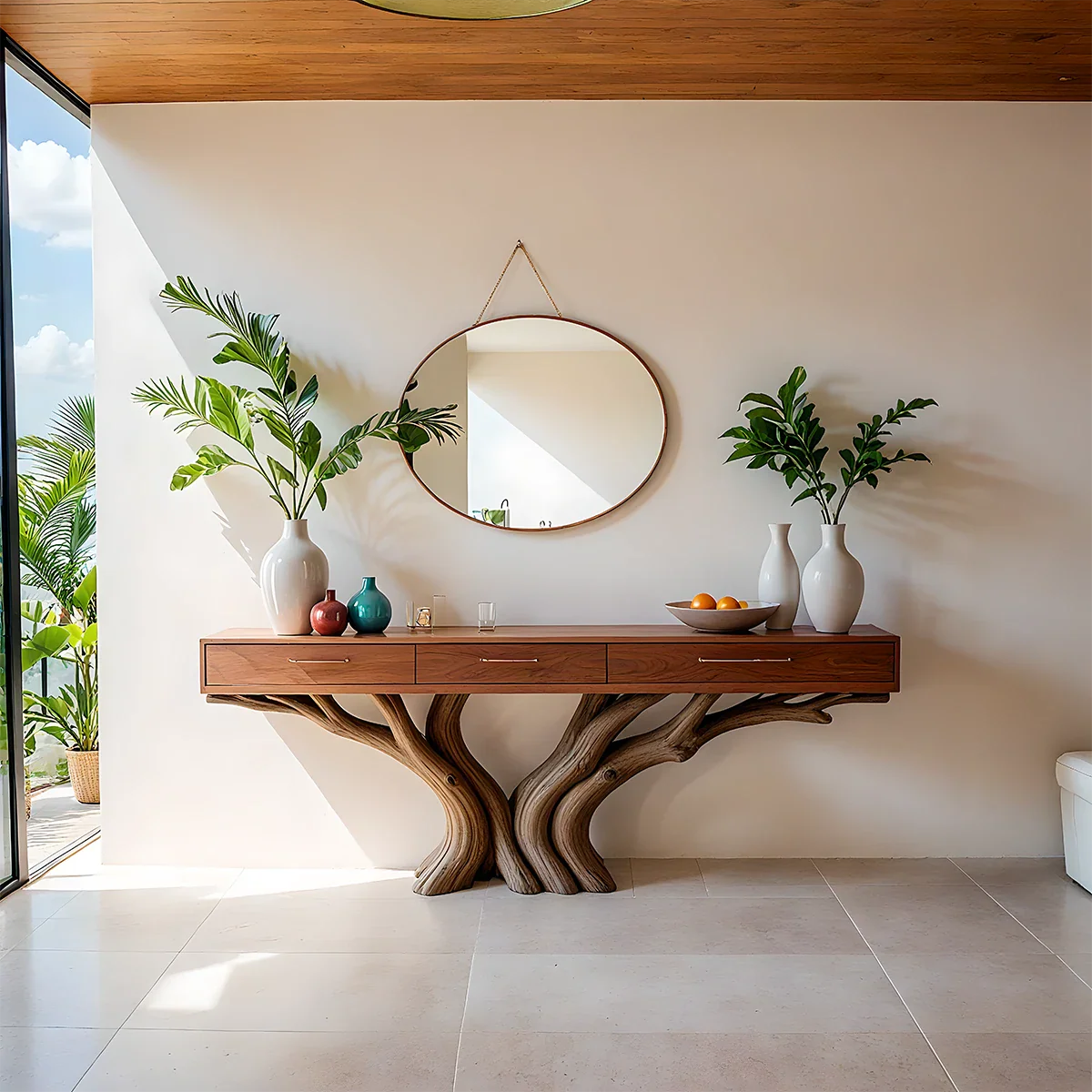 Solid Wood Console Table with Double Tree-Root Sculptural Base & Drawers - Rustira