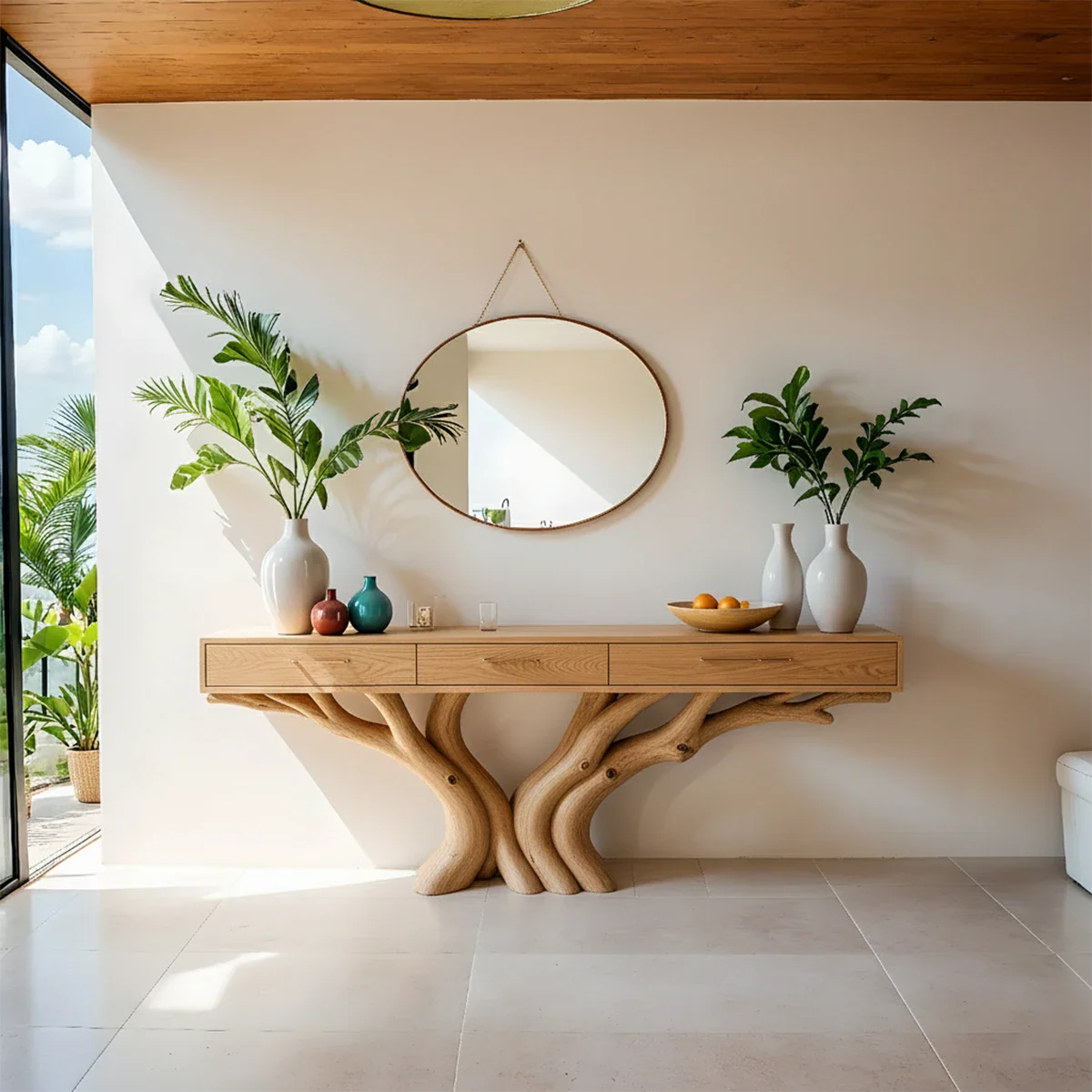 Solid Wood Console Table with Double Tree-Root Sculptural Base & Drawers - Rustira