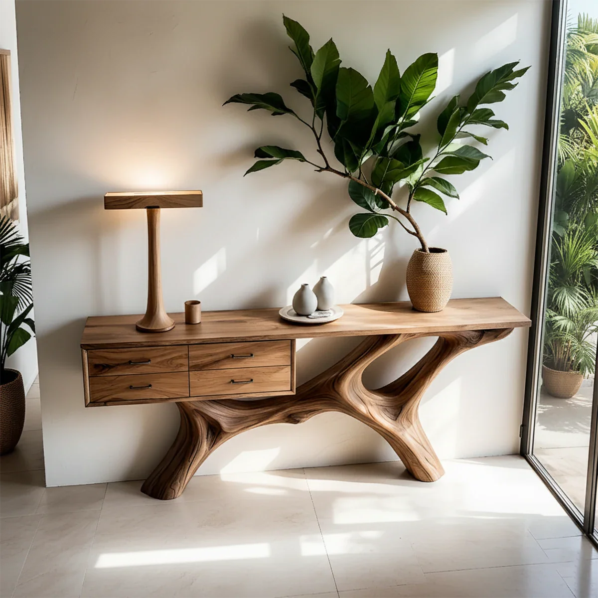 Solid Wood Console Table with Fluid Sculptural Base & Drawers - Rustira