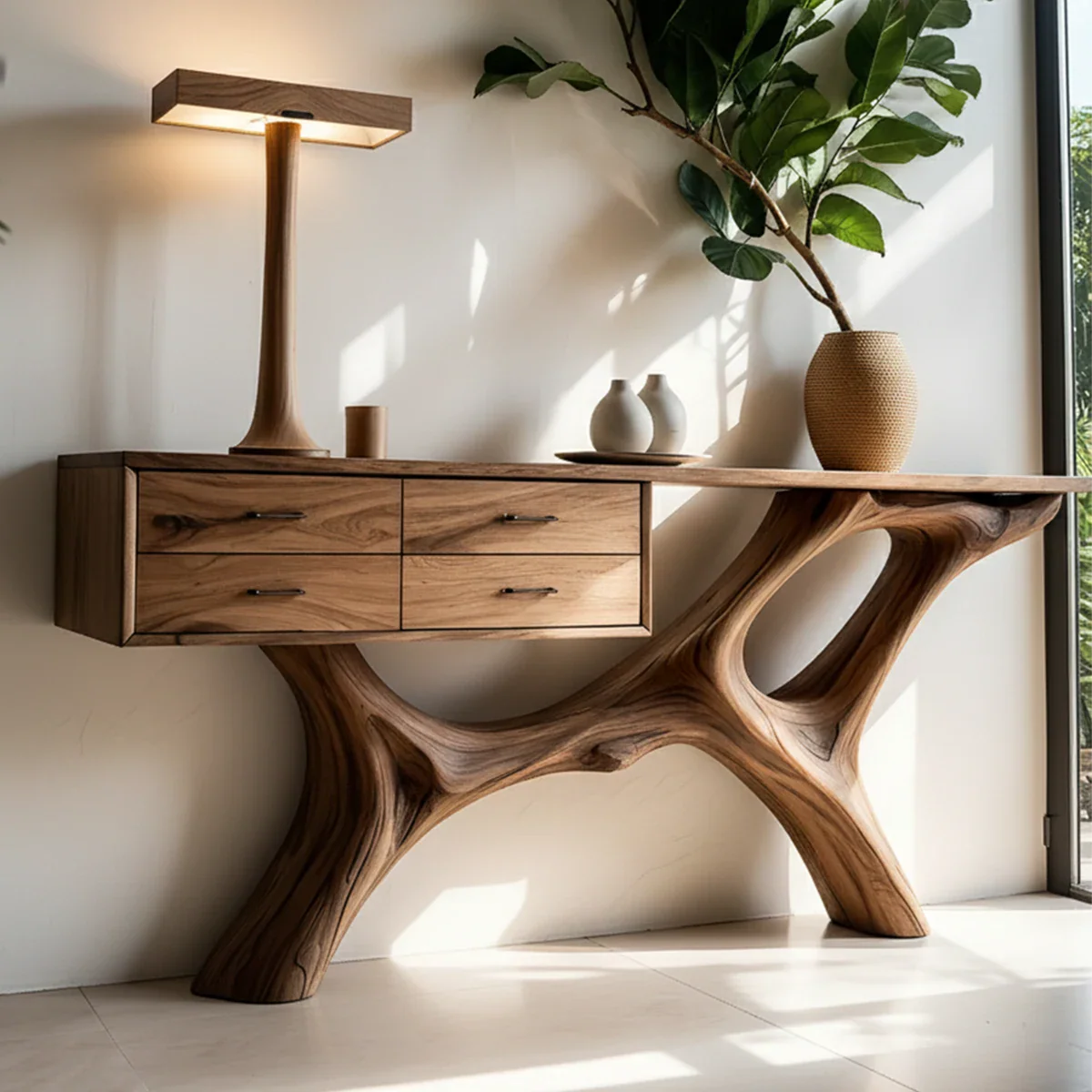 Solid Wood Console Table with Fluid Sculptural Base & Drawers - Rustira