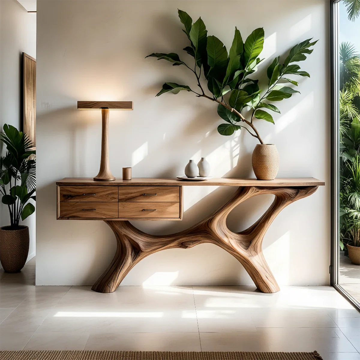 Solid Wood Console Table with Fluid Sculptural Base & Drawers - Rustira