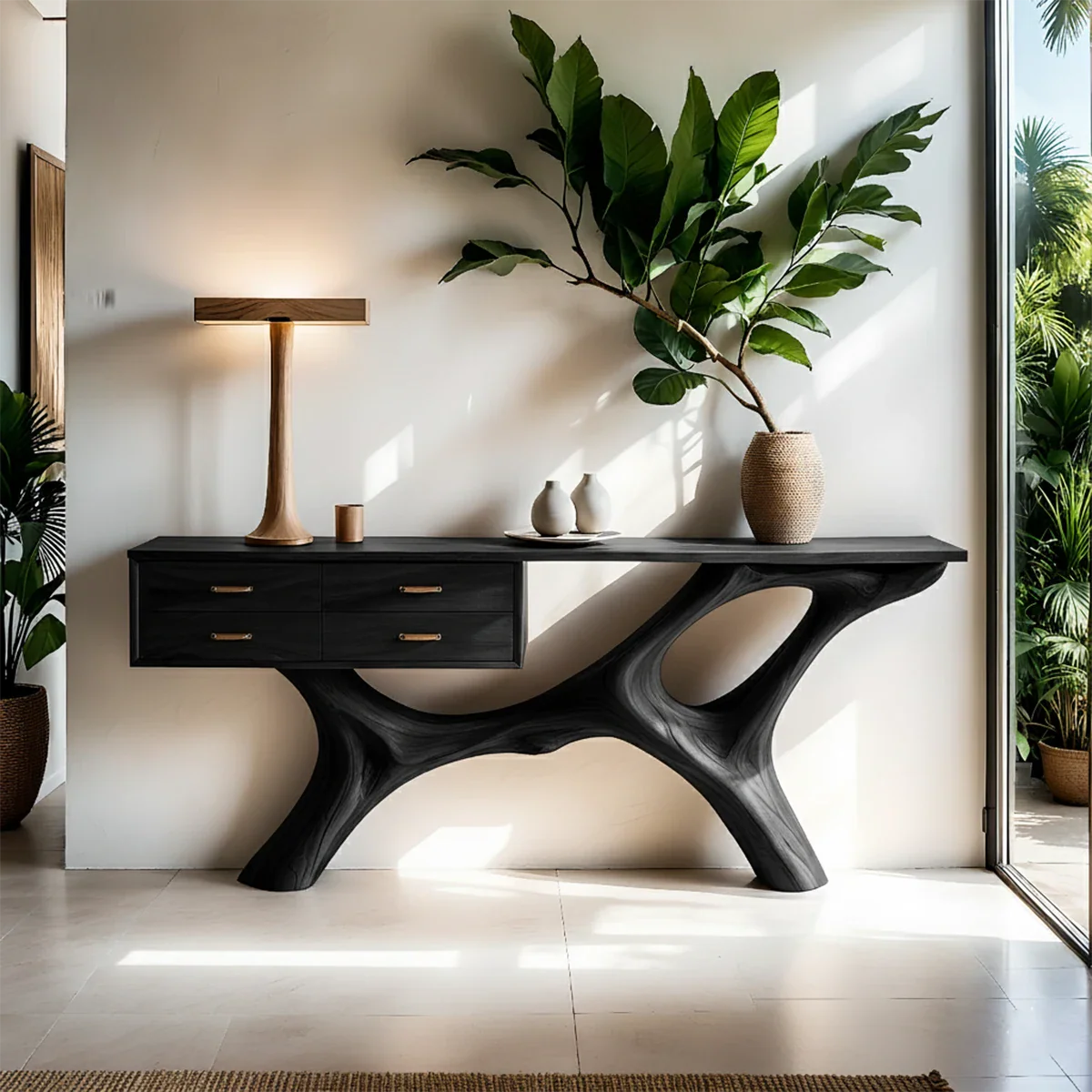 Solid Wood Console Table with Fluid Sculptural Base & Drawers - Rustira