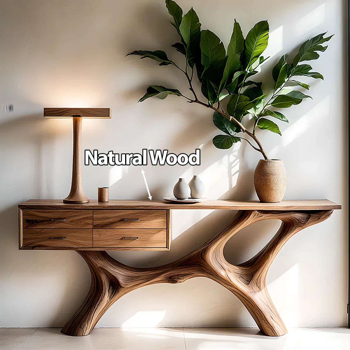Solid Wood Console Table with Fluid Sculptural Base & Drawers - Rustira