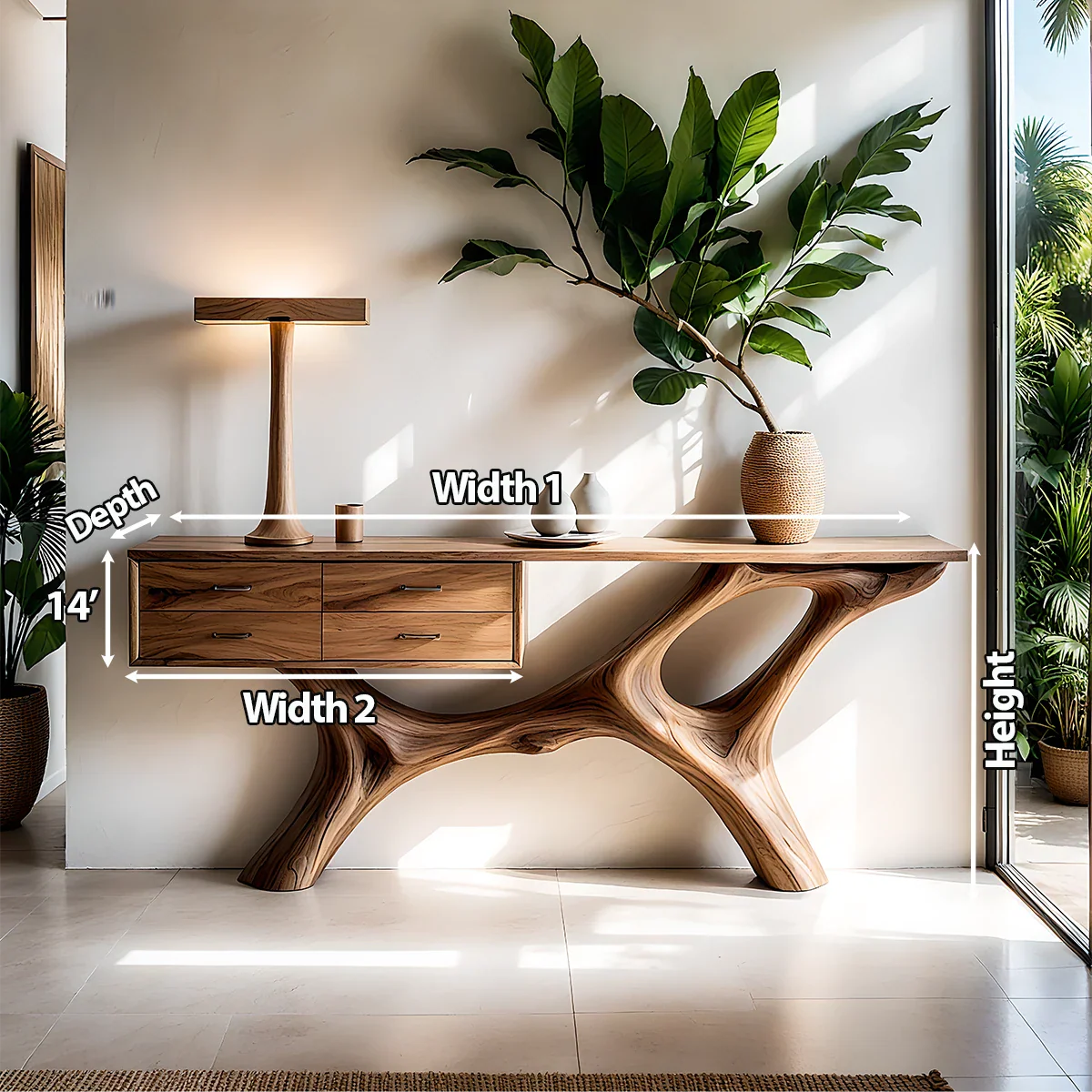 Solid Wood Console Table with Fluid Sculptural Base & Drawers - Rustira