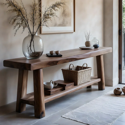 Solid Wood Console Table with Lower Shelf – Modern Natural Craft - Rustirawood