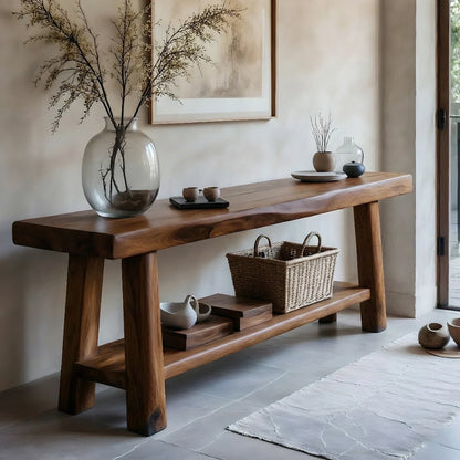 Solid Wood Console Table with Lower Shelf – Modern Natural Craft - Rustirawood