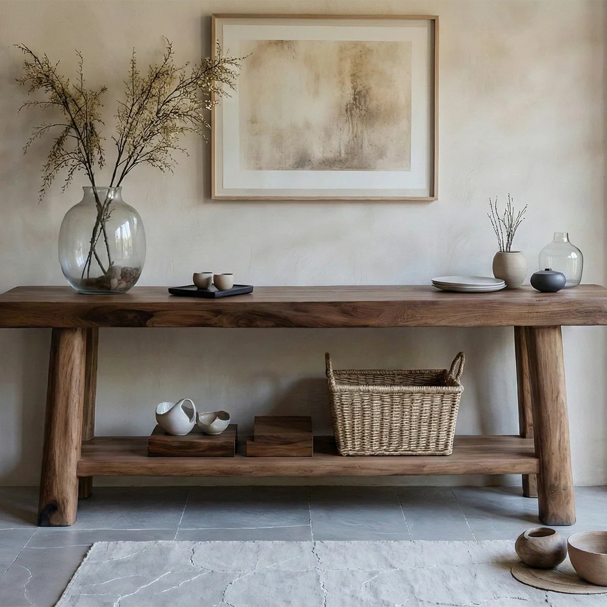 Solid Wood Console Table with Lower Shelf – Modern Natural Craft - Rustirawood