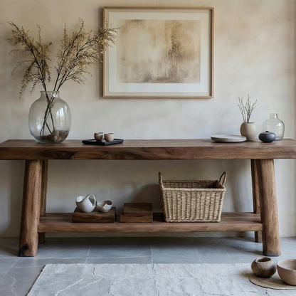 Solid Wood Console Table with Lower Shelf – Modern Natural Craft - Rustirawood