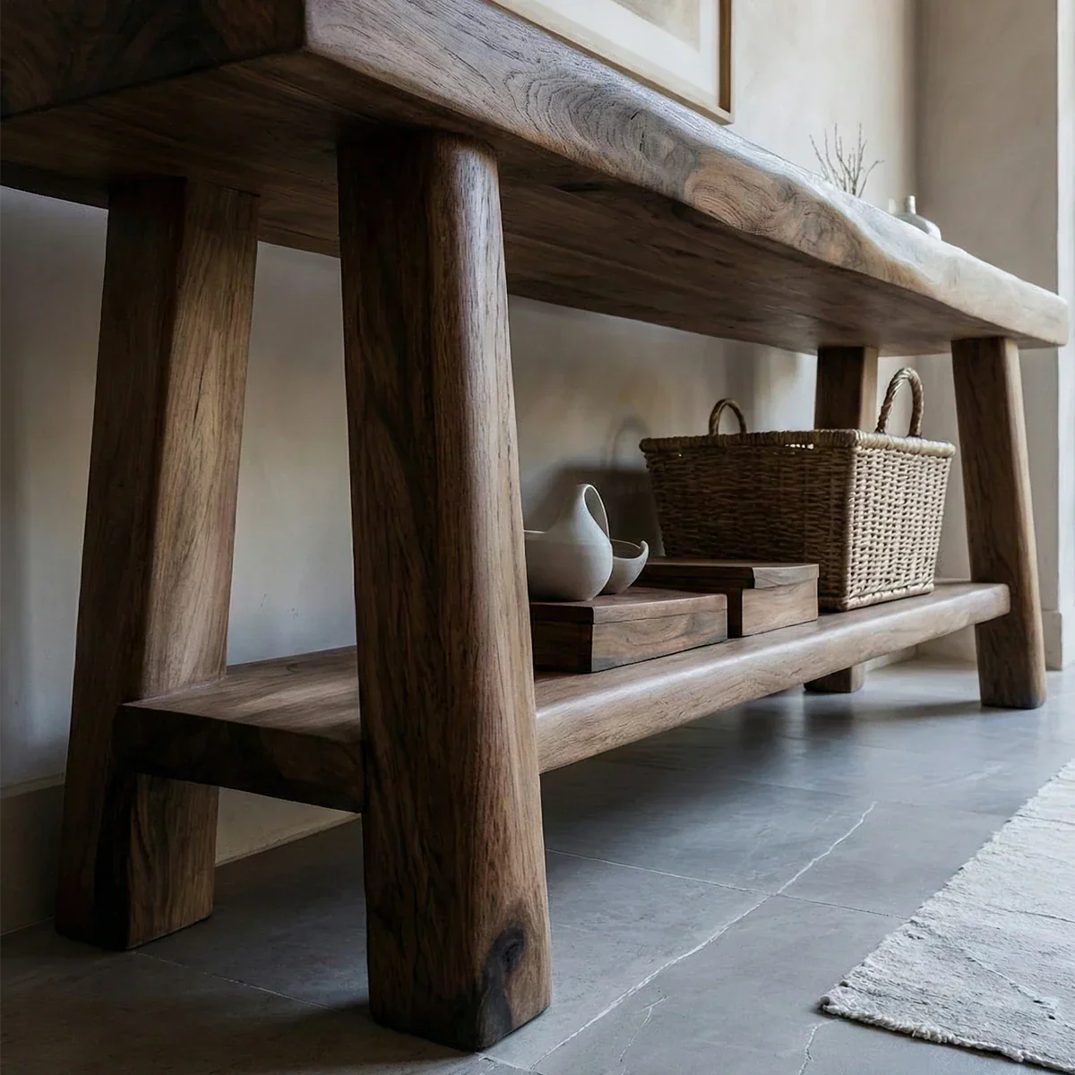 Solid Wood Console Table with Lower Shelf – Modern Natural Craft - Rustirawood