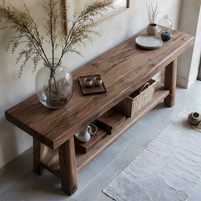Solid Wood Console Table with Lower Shelf – Modern Natural Craft - Rustirawood