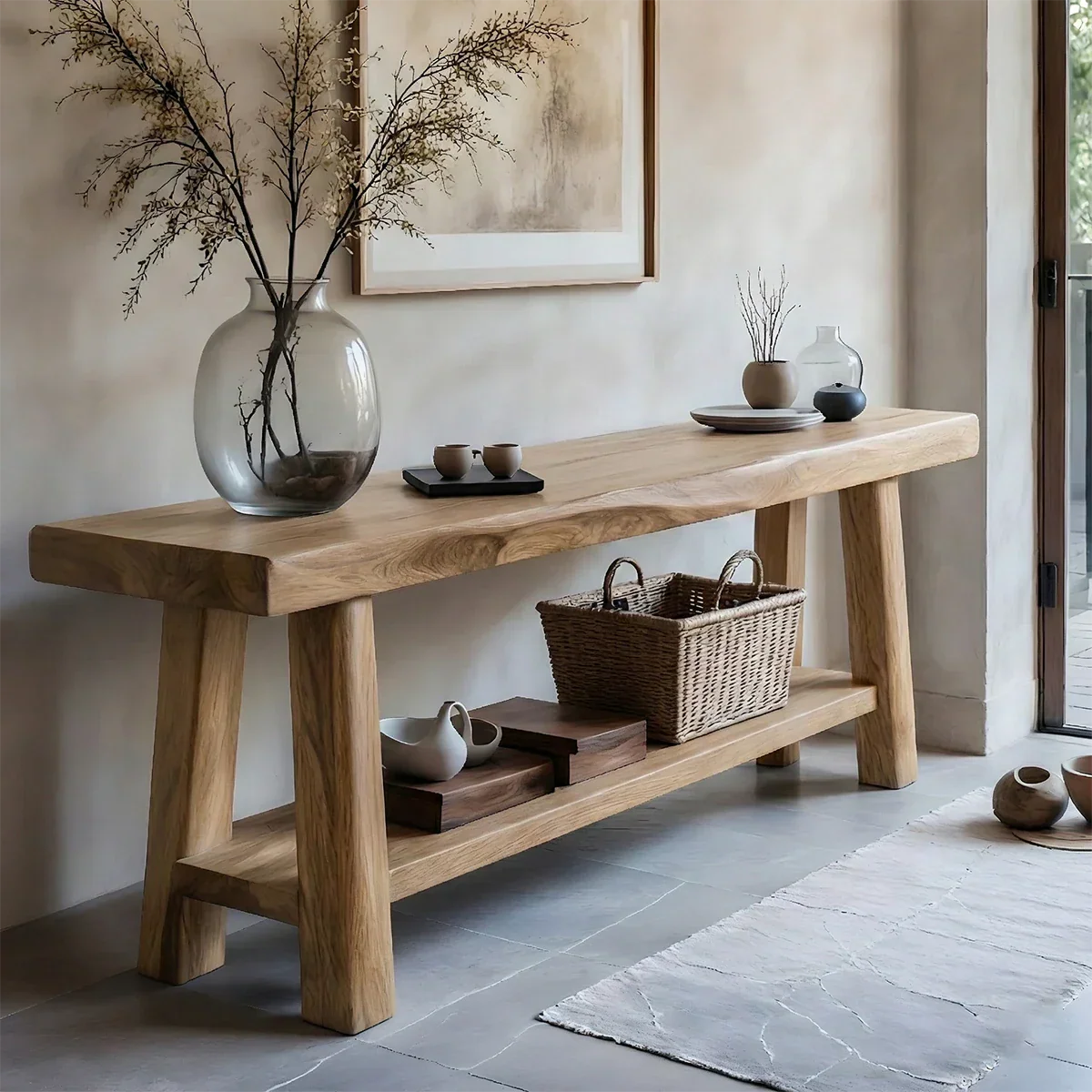 Solid Wood Console Table with Lower Shelf – Modern Natural Craft - Rustirawood