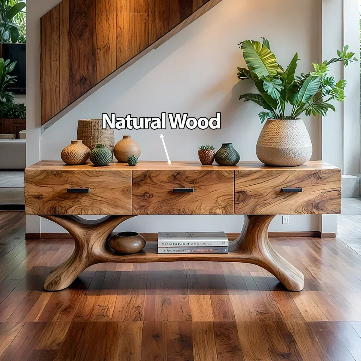 Solid Wood Console Table with Organic Sculptural Base & Drawers - Rustirawood
