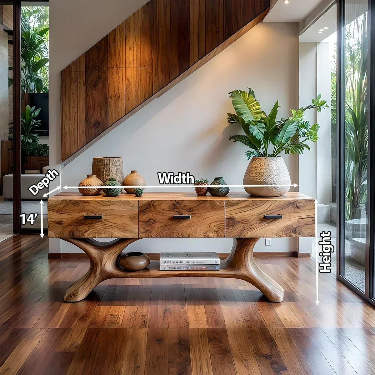 Solid Wood Console Table with Organic Sculptural Base & Drawers - Rustirawood