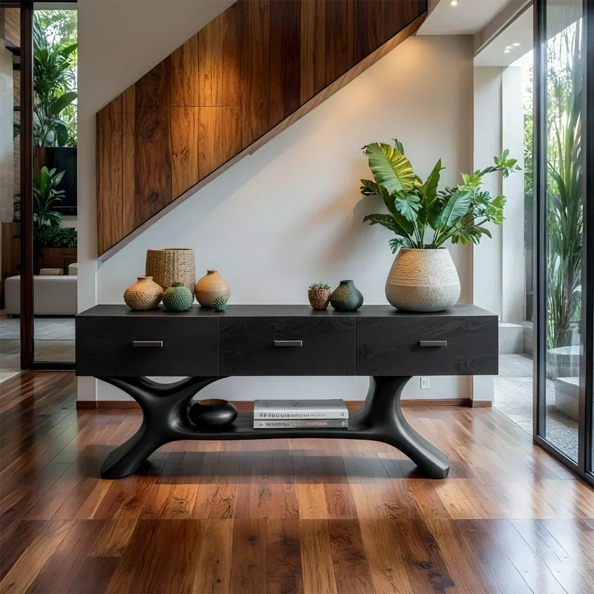 Solid Wood Console Table with Organic Sculptural Base & Drawers - Rustirawood