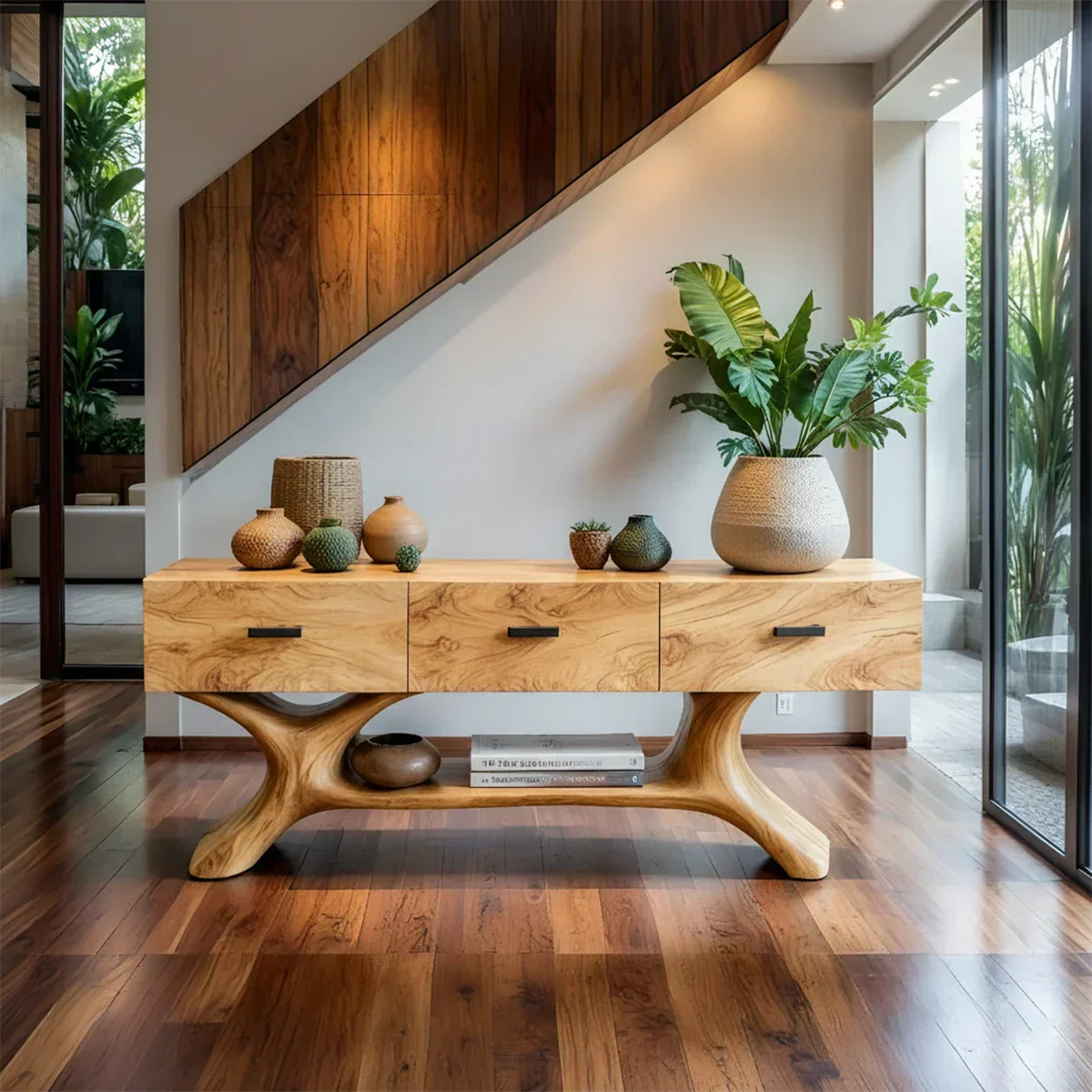 Solid Wood Console Table with Organic Sculptural Base & Drawers - Rustirawood