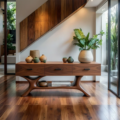 Solid Wood Console Table with Organic Sculptural Base & Drawers - Rustirawood