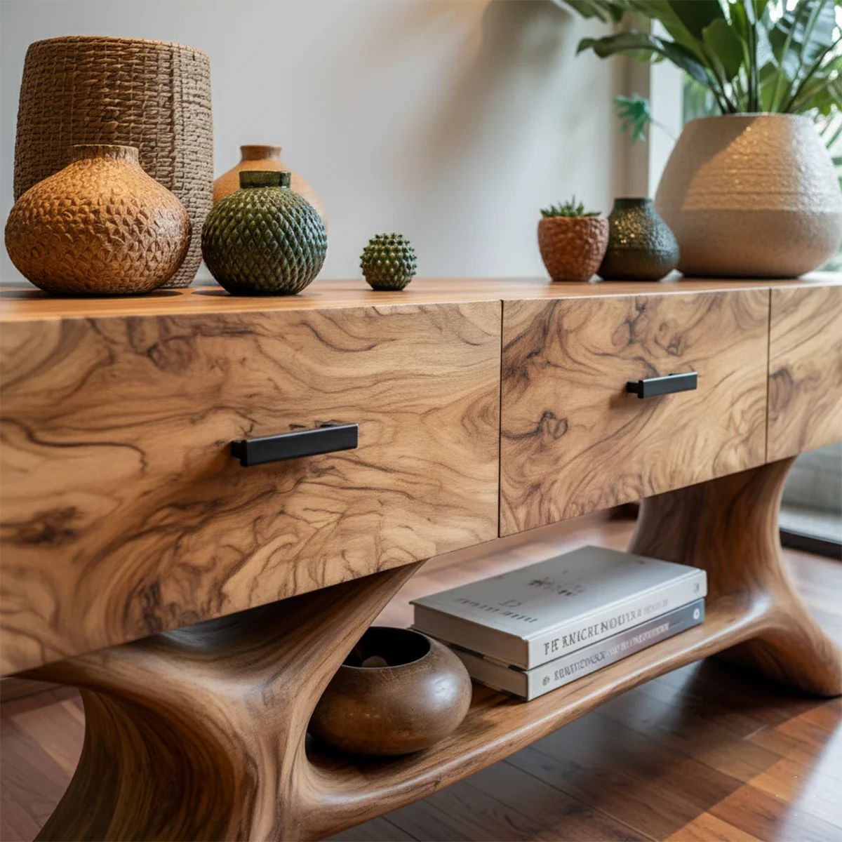 Solid Wood Console Table with Organic Sculptural Base & Drawers - Rustira