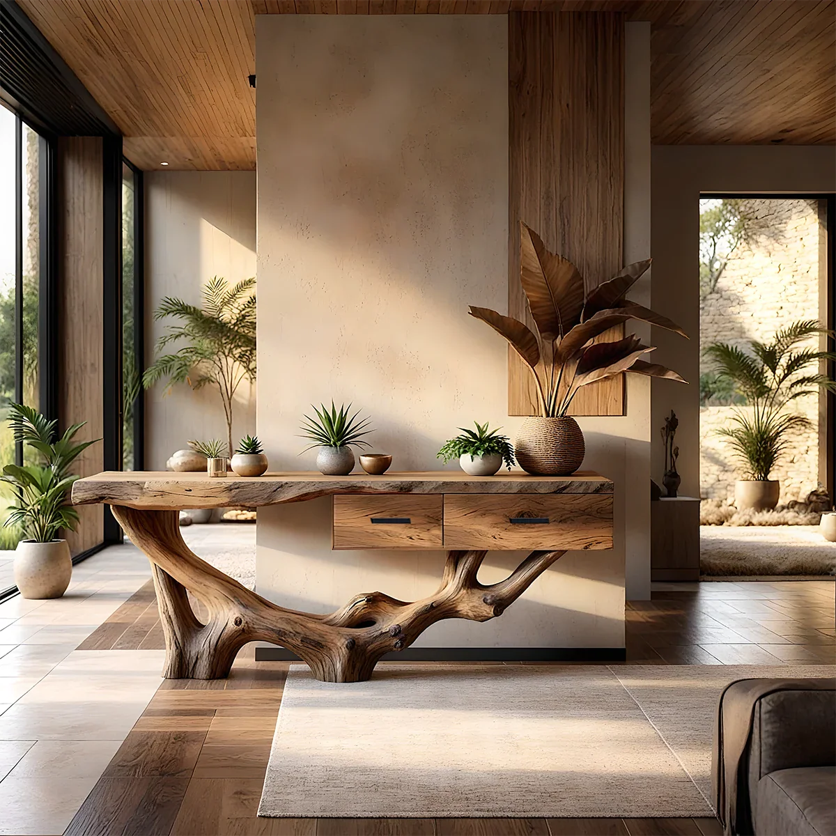 Solid Wood Console Table with Raw-Edge Top & Sculpted Root-Form Base - Rustira