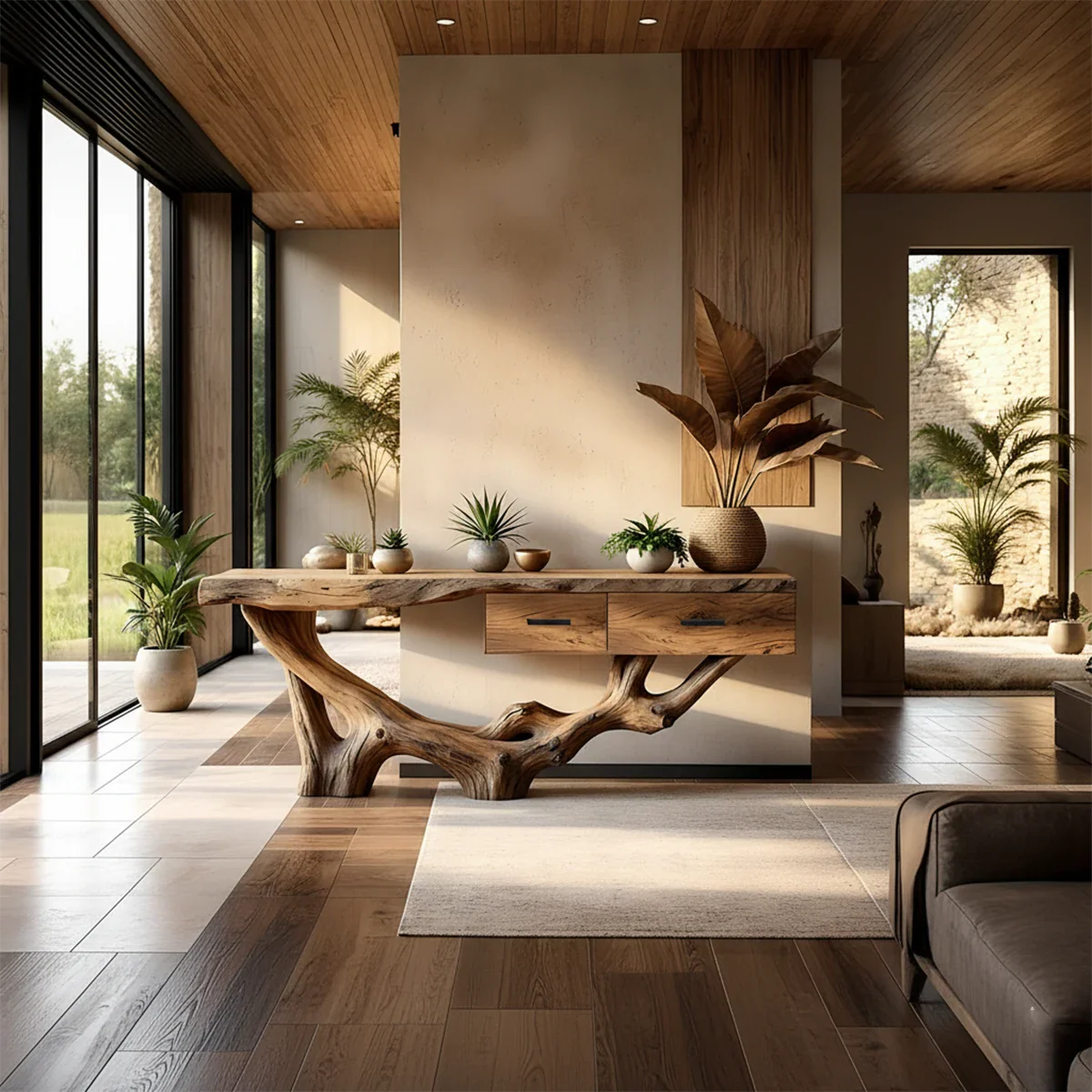 Solid Wood Console Table with Raw-Edge Top & Sculpted Root-Form Base - Rustira