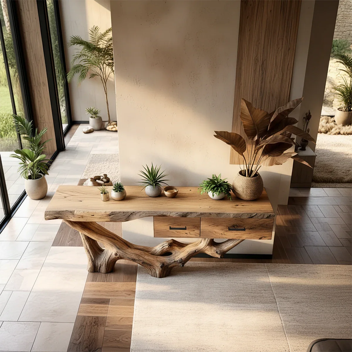 Solid Wood Console Table with Raw-Edge Top & Sculpted Root-Form Base - Rustira