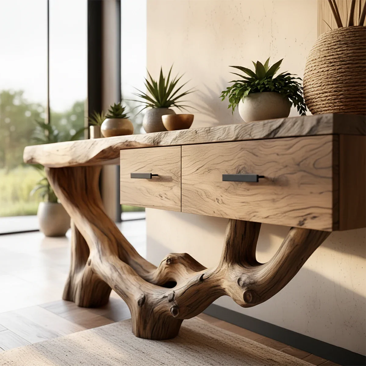 Solid Wood Console Table with Raw-Edge Top & Sculpted Root-Form Base - Rustira