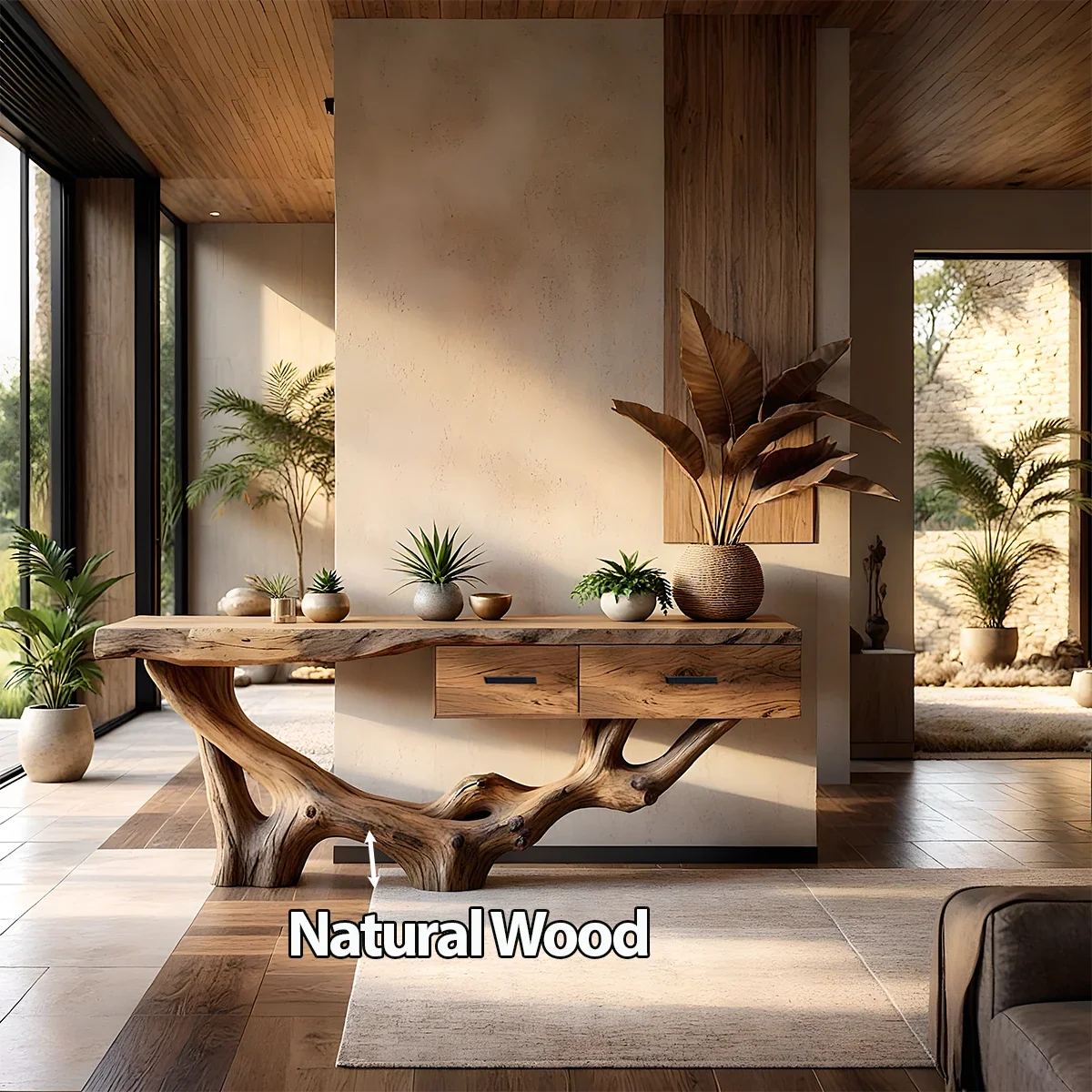 Solid Wood Console Table with Raw-Edge Top & Sculpted Root-Form Base - Rustira