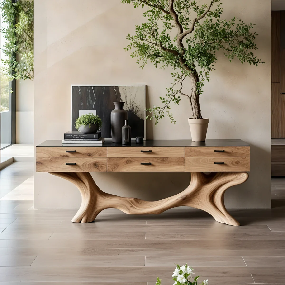 Solid Wood Console Table with Sculpted Branch-Form Base & Drawers - Rustira