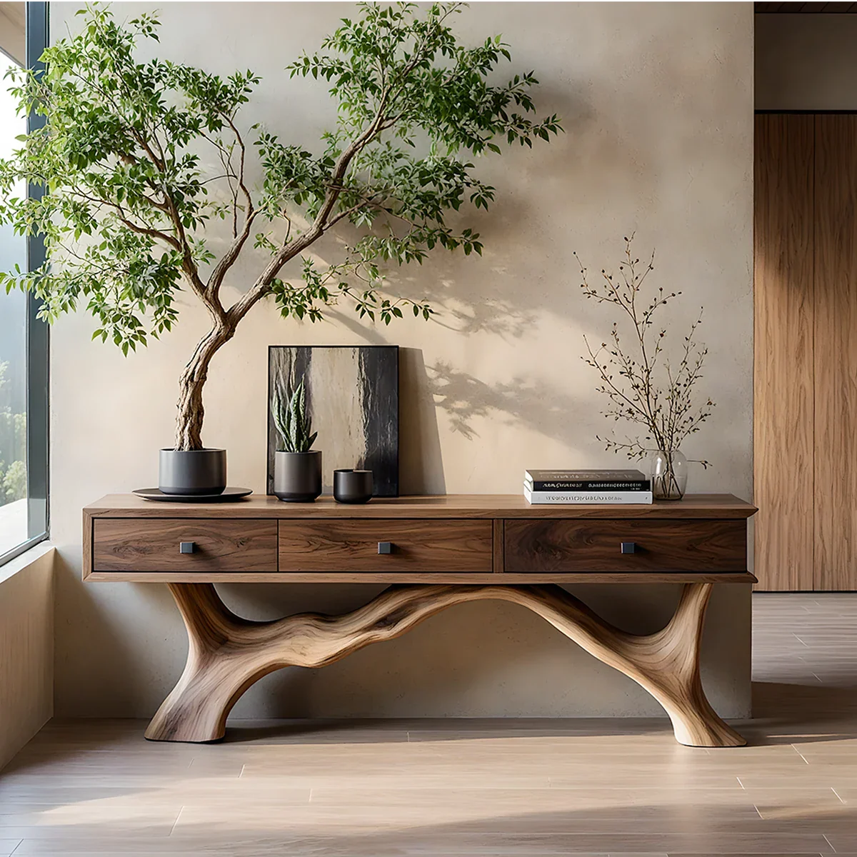 Solid Wood Console Table with Sculpted Root-Inspired Base & Drawers - Rustira