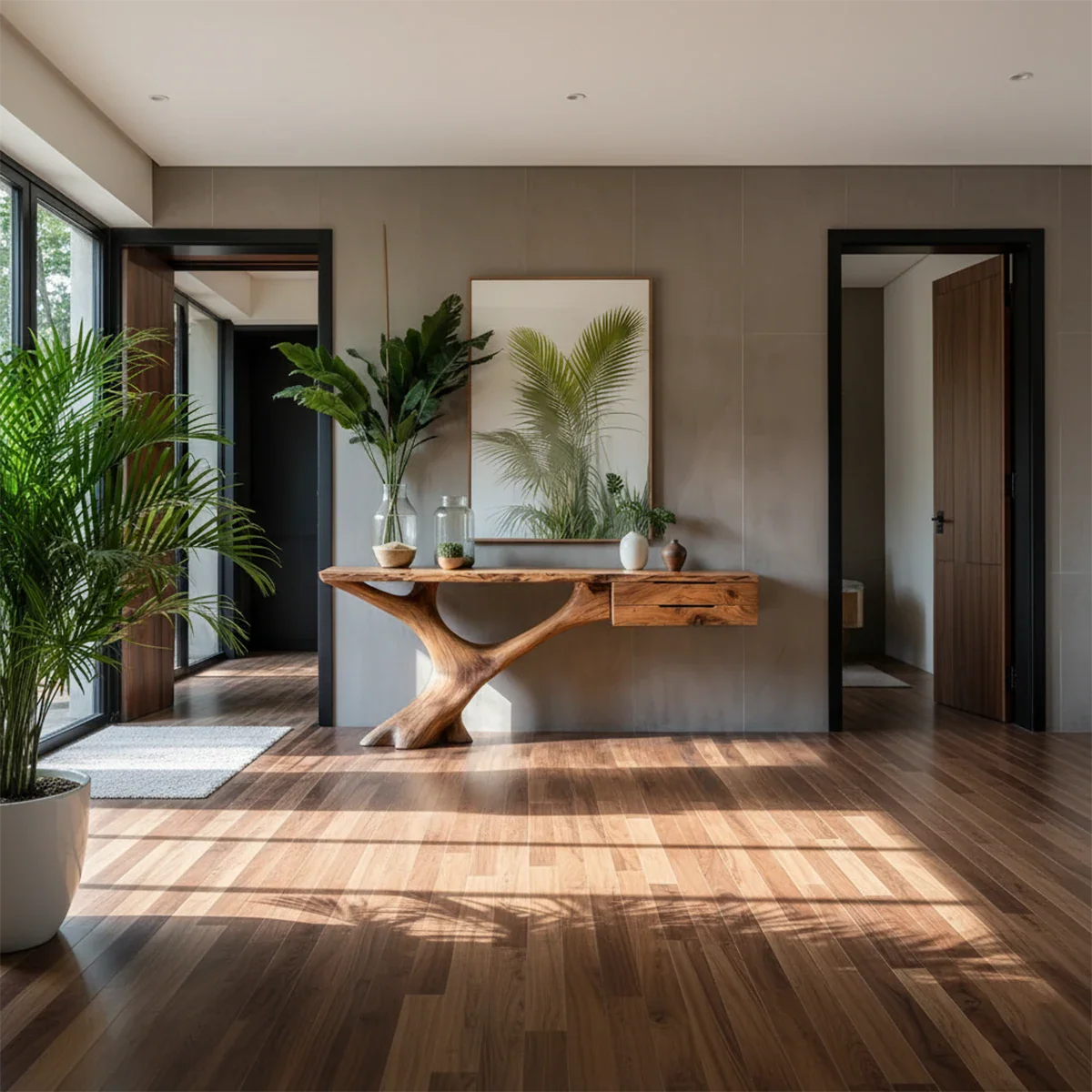 Solid Wood Console Table with Sculpted Tree-Root Base & Floating Drawers - Rustira