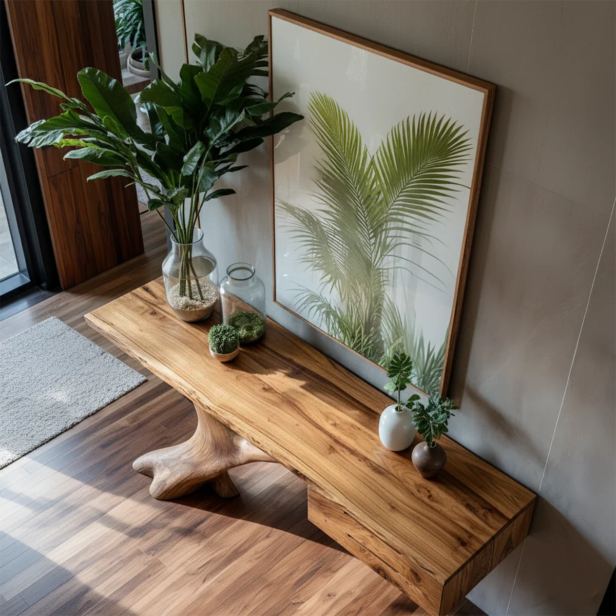 Solid Wood Console Table with Sculpted Tree-Root Base & Floating Drawers - Rustira