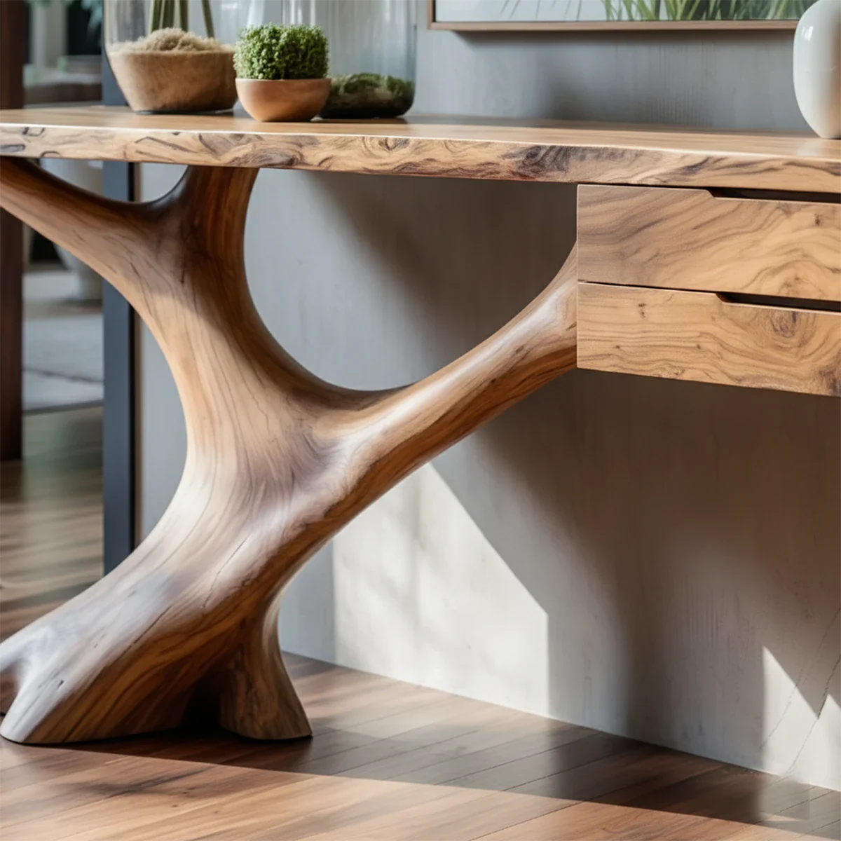 Solid Wood Console Table with Sculpted Tree-Root Base & Floating Drawers - Rustira