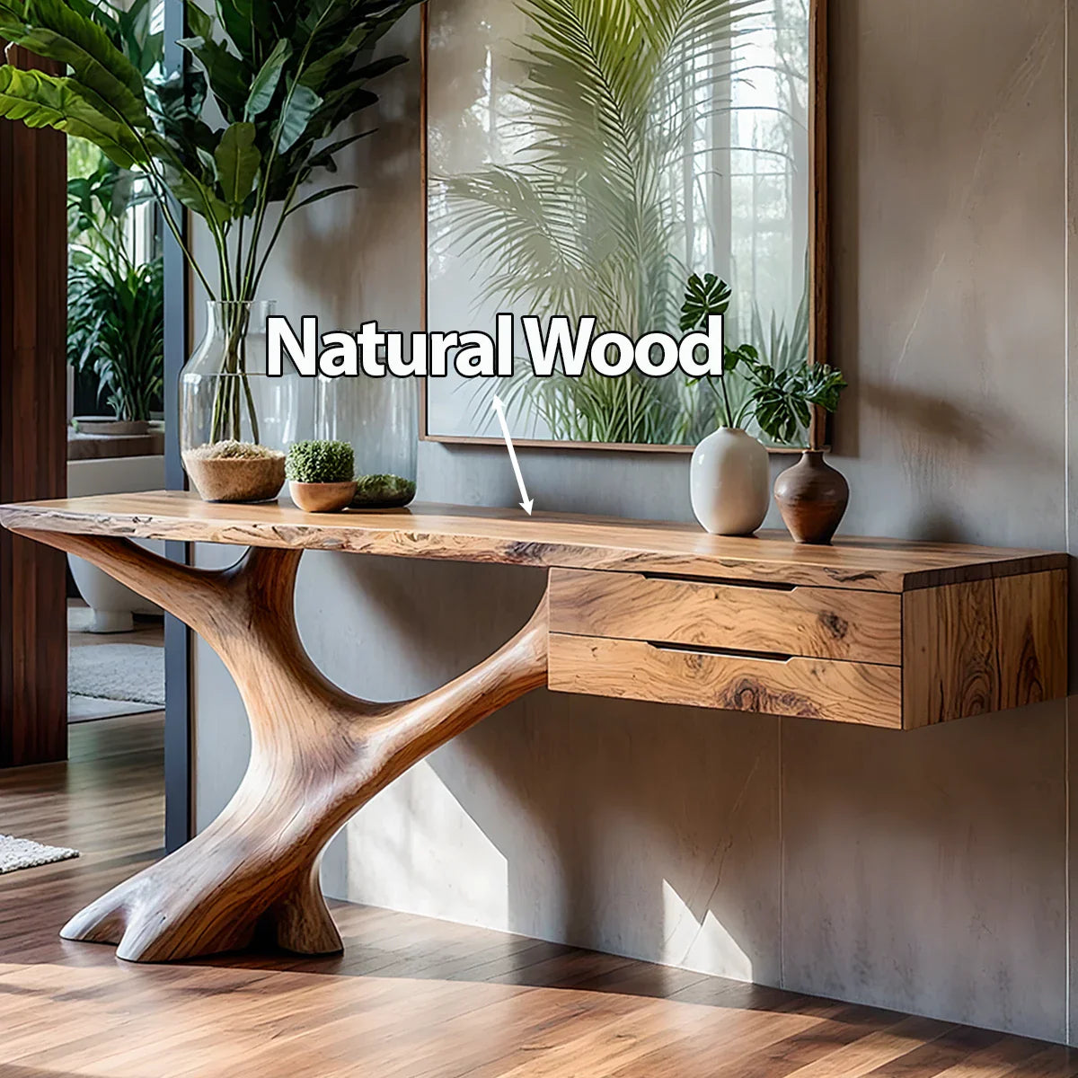 Solid Wood Console Table with Sculpted Tree-Root Base & Floating Drawers - Rustira