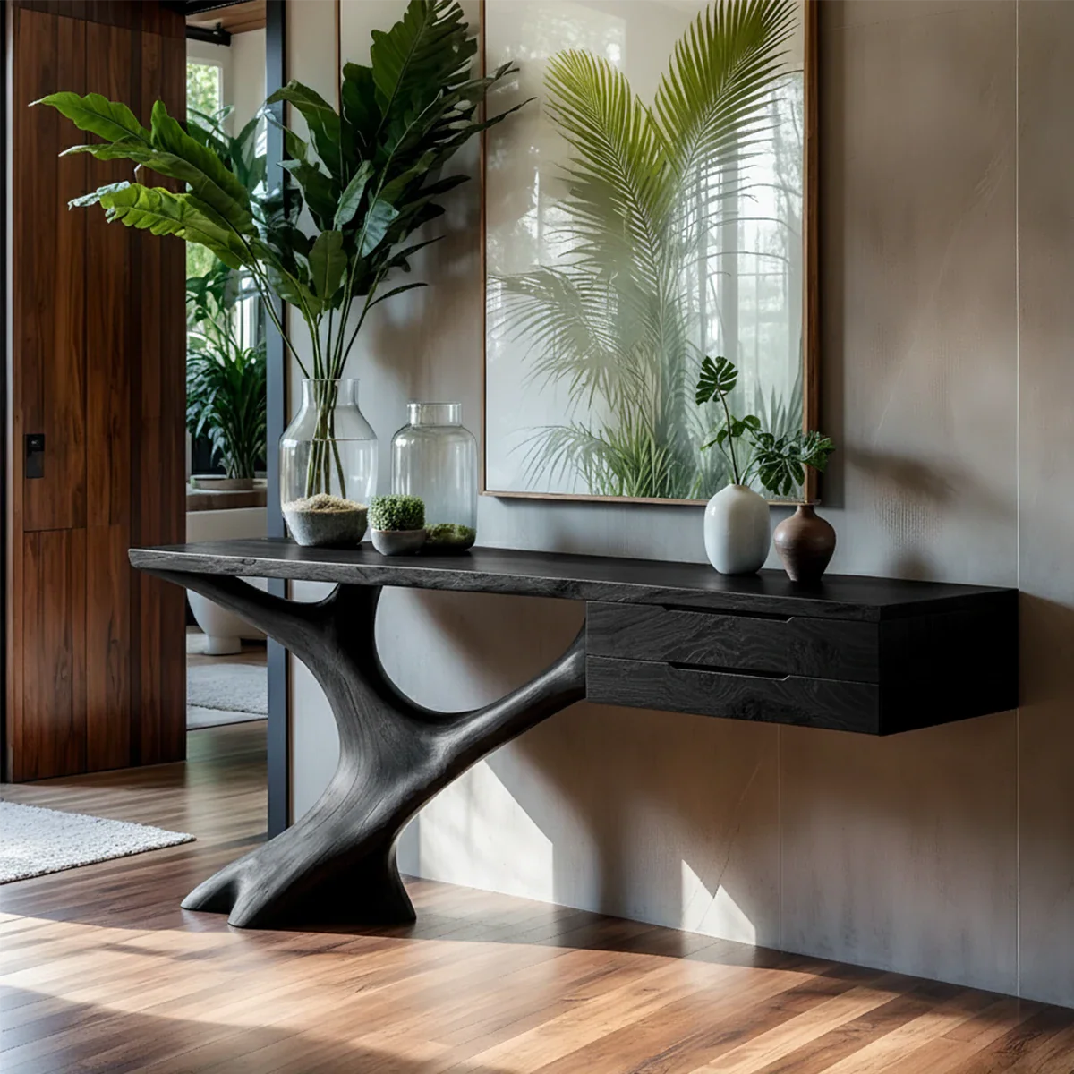 Solid Wood Console Table with Sculpted Tree-Root Base & Floating Drawers - Rustira