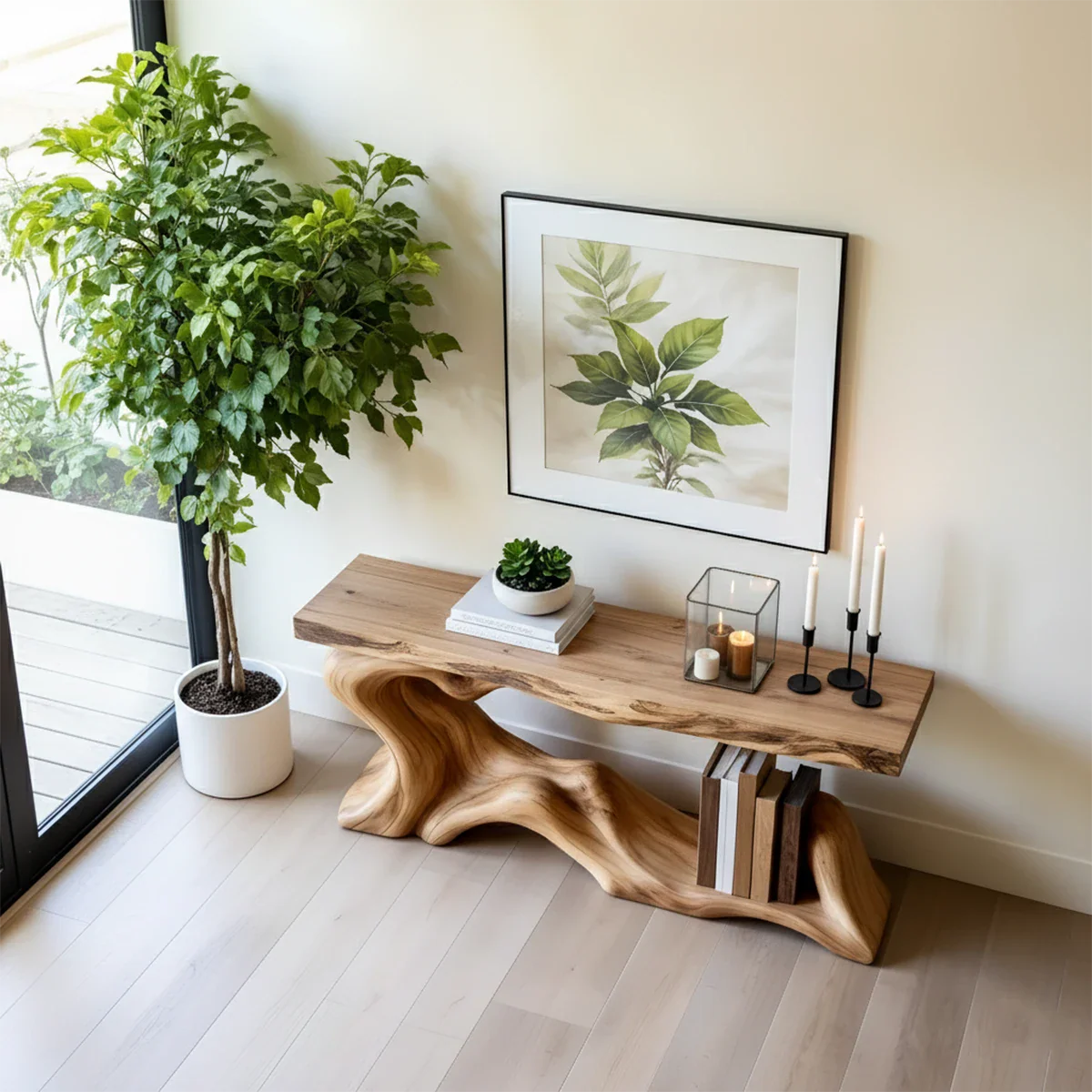 Solid Wood Console Table with Sculpted Wave-Form Base - Rustira