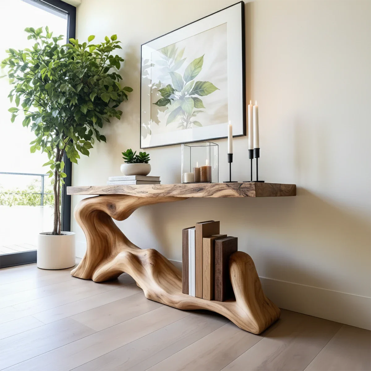 Solid Wood Console Table with Sculpted Wave-Form Base - Rustira