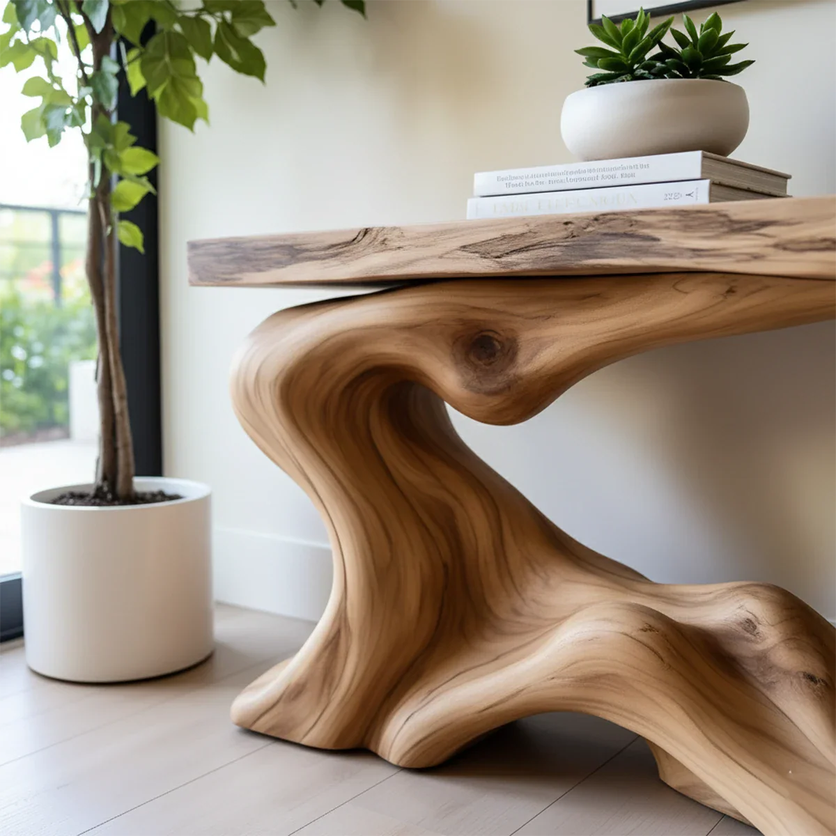 Solid Wood Console Table with Sculpted Wave-Form Base - Rustira