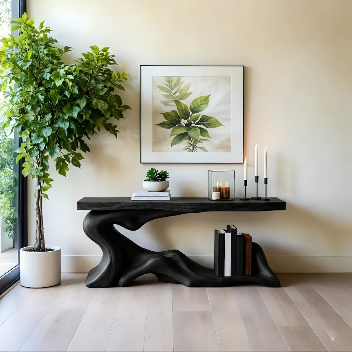 Solid Wood Console Table with Sculpted Wave-Form Base - Rustira