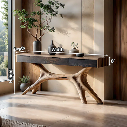 Solid Wood Console Table with Sculptural Branch-Form Base & Drawers - Rustirawood
