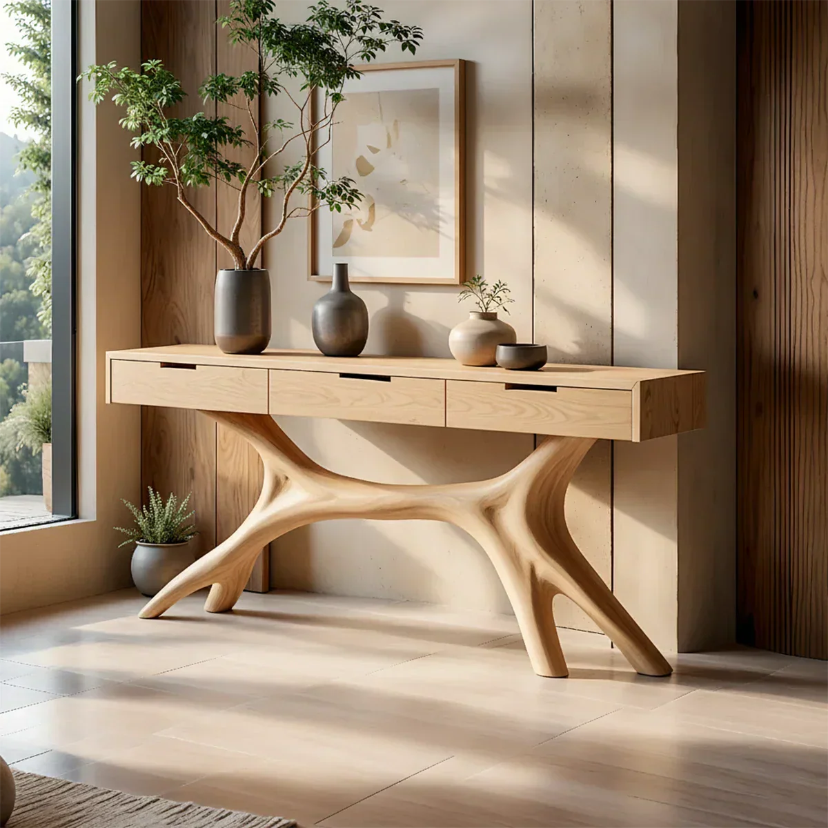 Solid Wood Console Table with Sculptural Branch-Form Base & Drawers - Rustirawood