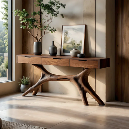 Solid Wood Console Table with Sculptural Branch-Form Base & Drawers - Rustirawood