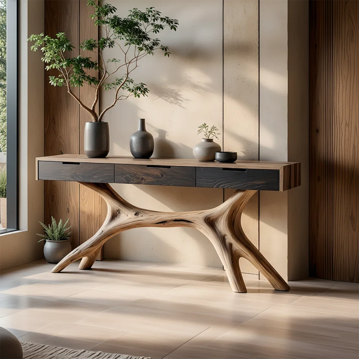 Solid Wood Console Table with Sculptural Branch-Form Base & Drawers - Rustira