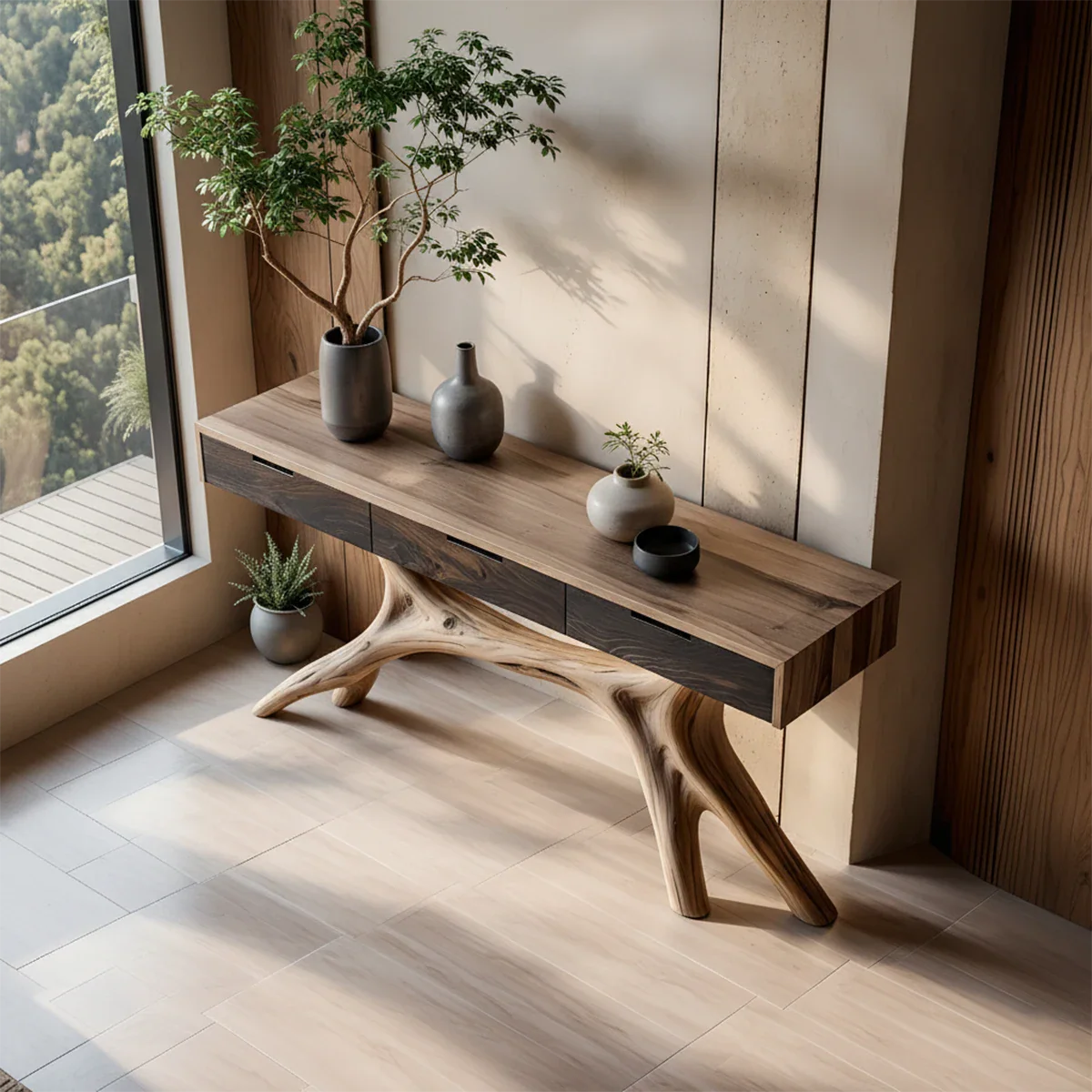 Solid Wood Console Table with Sculptural Branch-Form Base & Drawers - Rustira