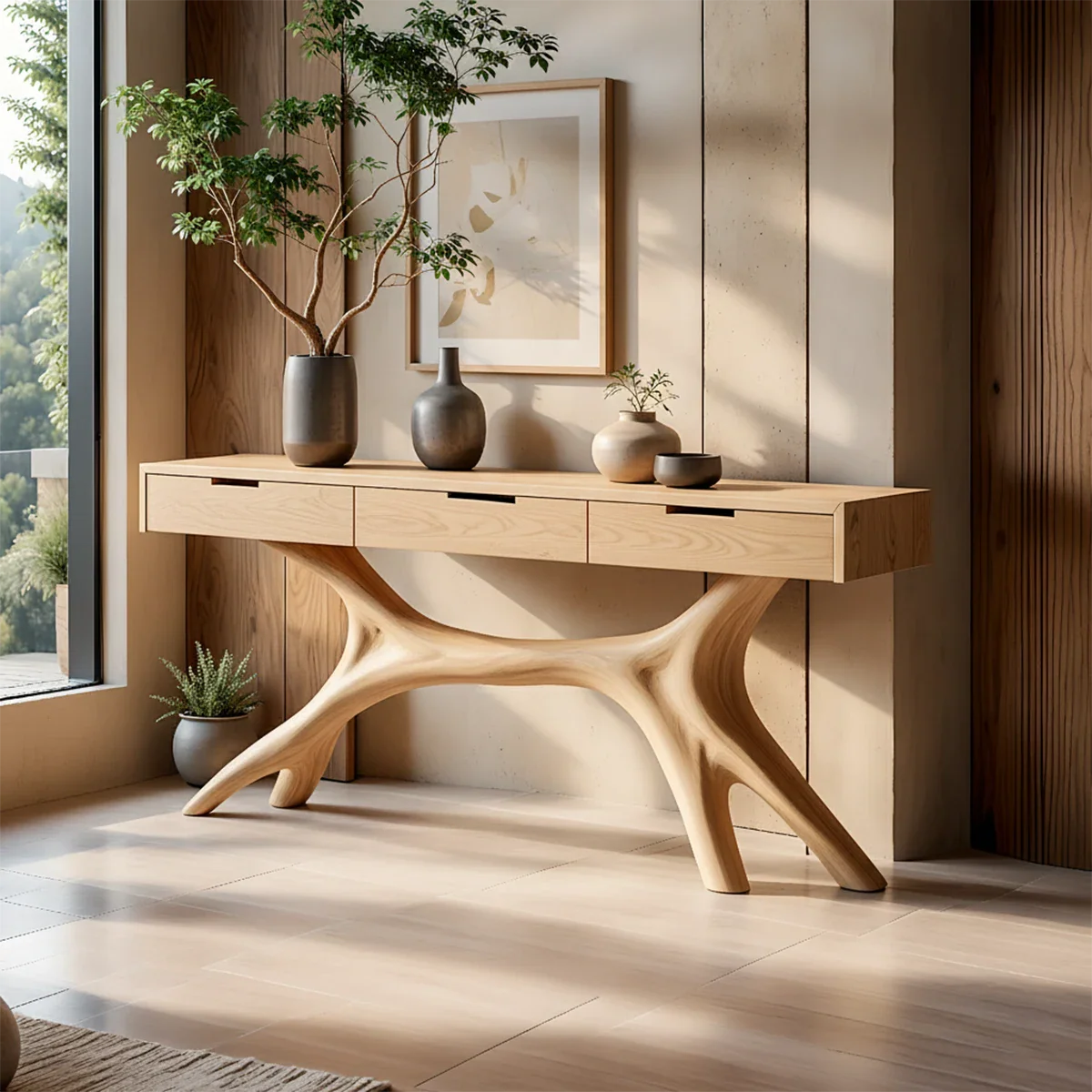 Solid Wood Console Table with Sculptural Branch-Form Base & Drawers - Rustira