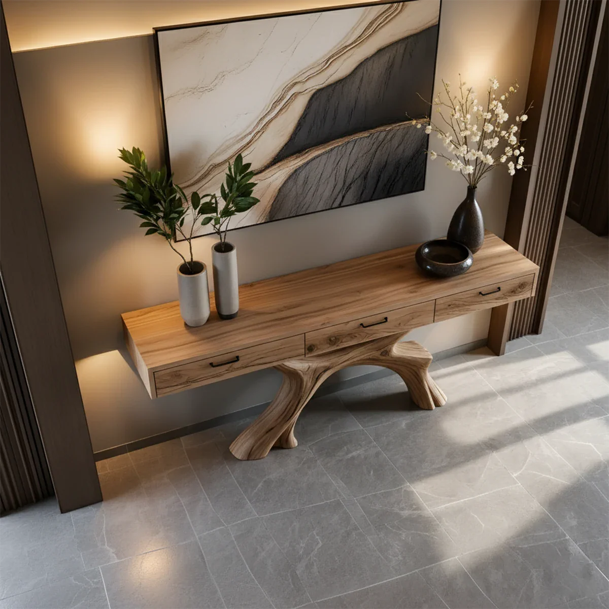 Solid Wood Console Table with Sculptural Branch-Form Base & Drawers - Rustira